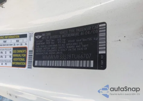 2008 Mini Cooper z USA, uszkodzony, nr VIN WMWMF33528TU66707